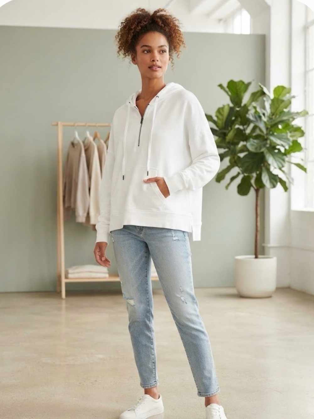 Aerie White Oversized Quarter-Zip Pullover Hoodie Sweatshirt - XS/TP